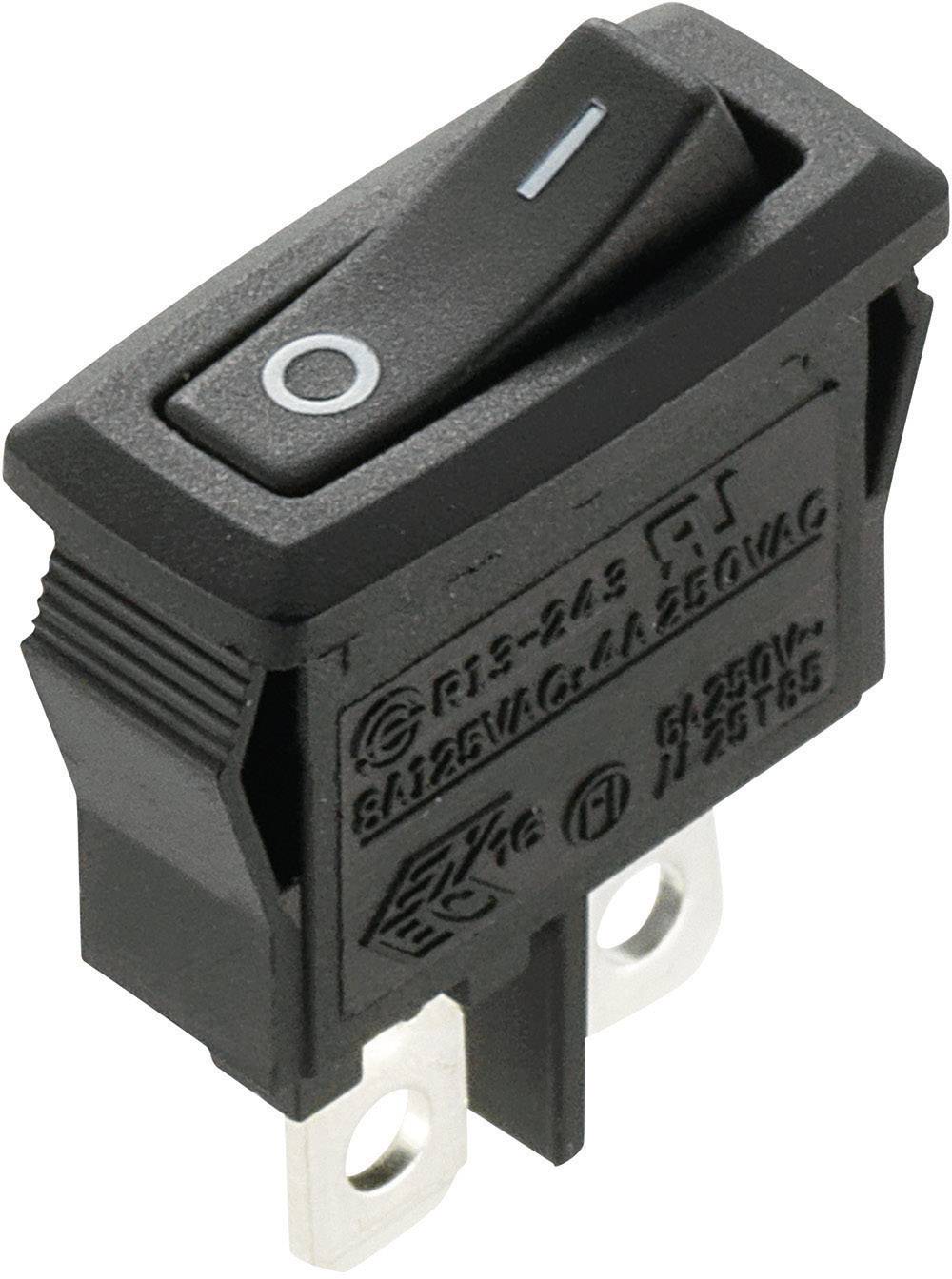 Sort vippeafbryder med påskrifter og sølvfarvede tilslutninger, egnet til strømkredse op til 250V.