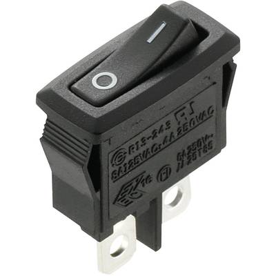 Sort vippeafbryder med påskrifter og sølvfarvede tilslutninger, egnet til strømkredse op til 250V.