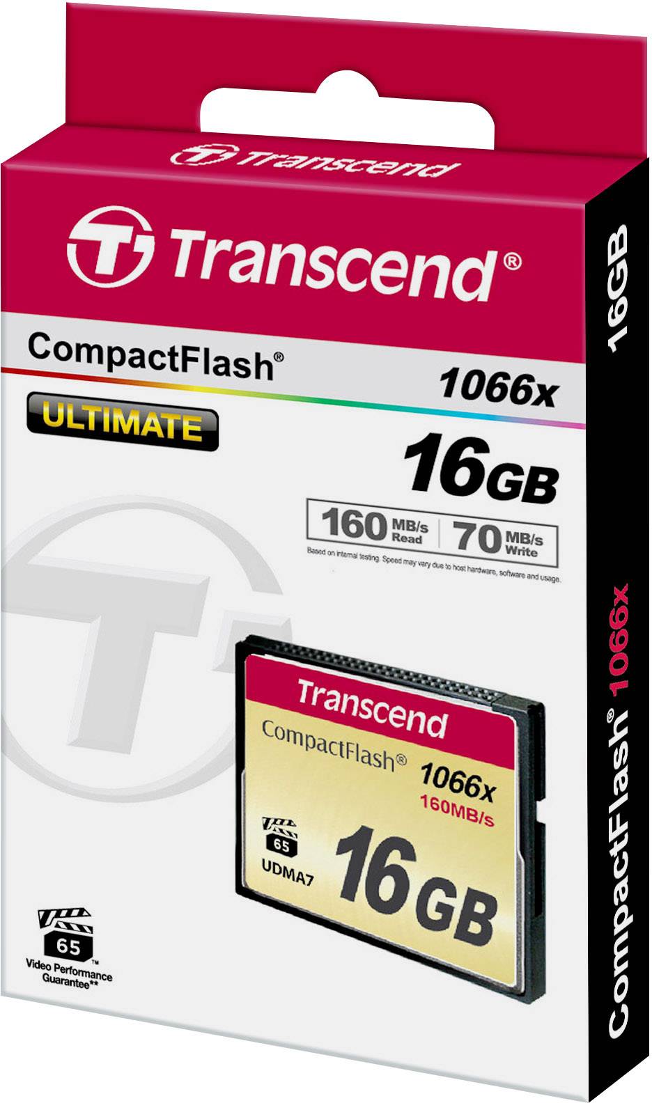 Transcend CompactFlash-kort, 16 GB, 1066x hastighed, 160 MB/s læsning, 70 MB/s skrivning. Emballage viser kortsimulering.