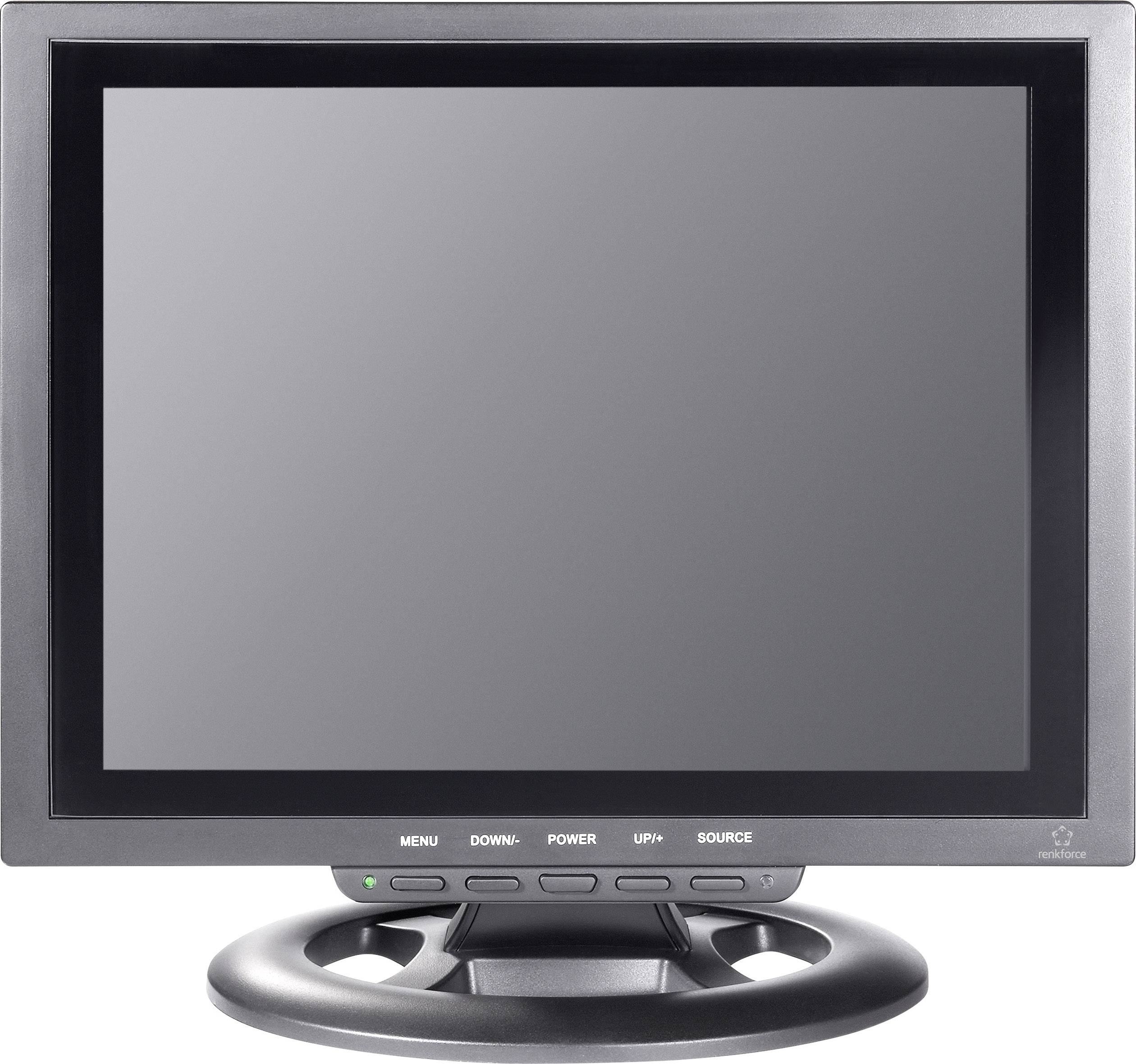 En sort computerskærm med blank skærm, placeret på en oval fod. Knapper til menu, strøm og kilde er synlige.