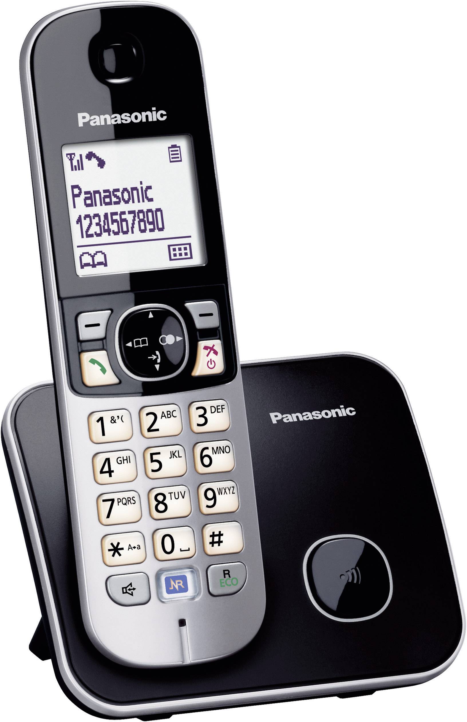 Trådløs Panasonic-telefon med basiseenhed, display viser telefonnummeret 1234567890.