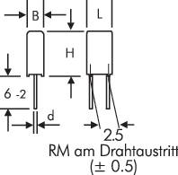 Teknisk tegning af en elektronisk komponent med mærkning af dimensionerne B, H, L, d og afstand RM ved trådudgangen (± 0,5).