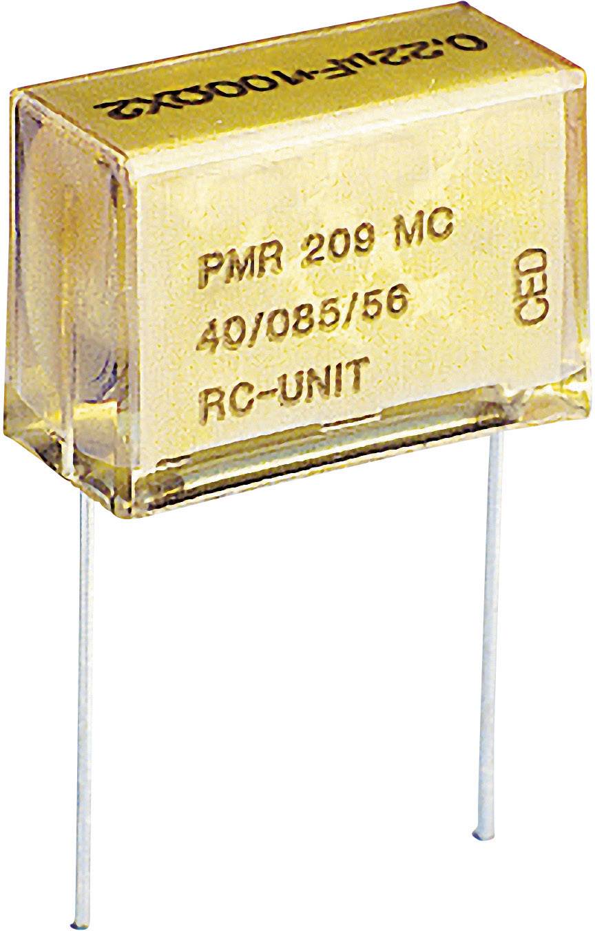Kondensator med påskriften 'PMR 209 MC', '40/085/56', 'RC-UNIT'. To trådtilslutninger rager ud.