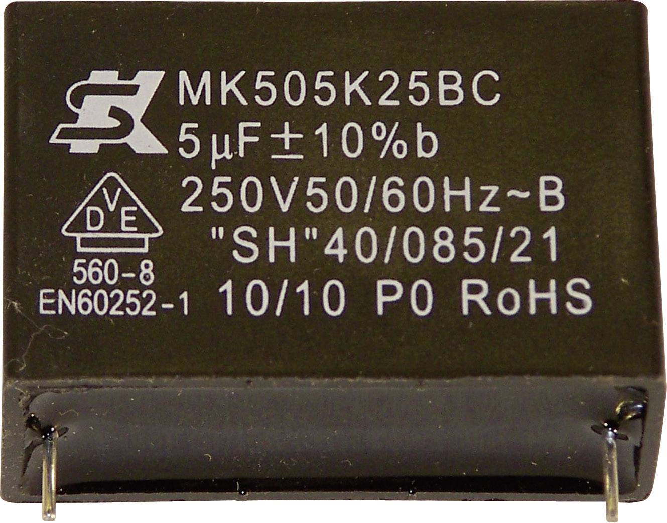Sort kondensator med påskrift: 'MK505K25BC, 5µF ±10%, 250V 50/60Hz.' Symboler for certificerede elektroniske komponenter.
