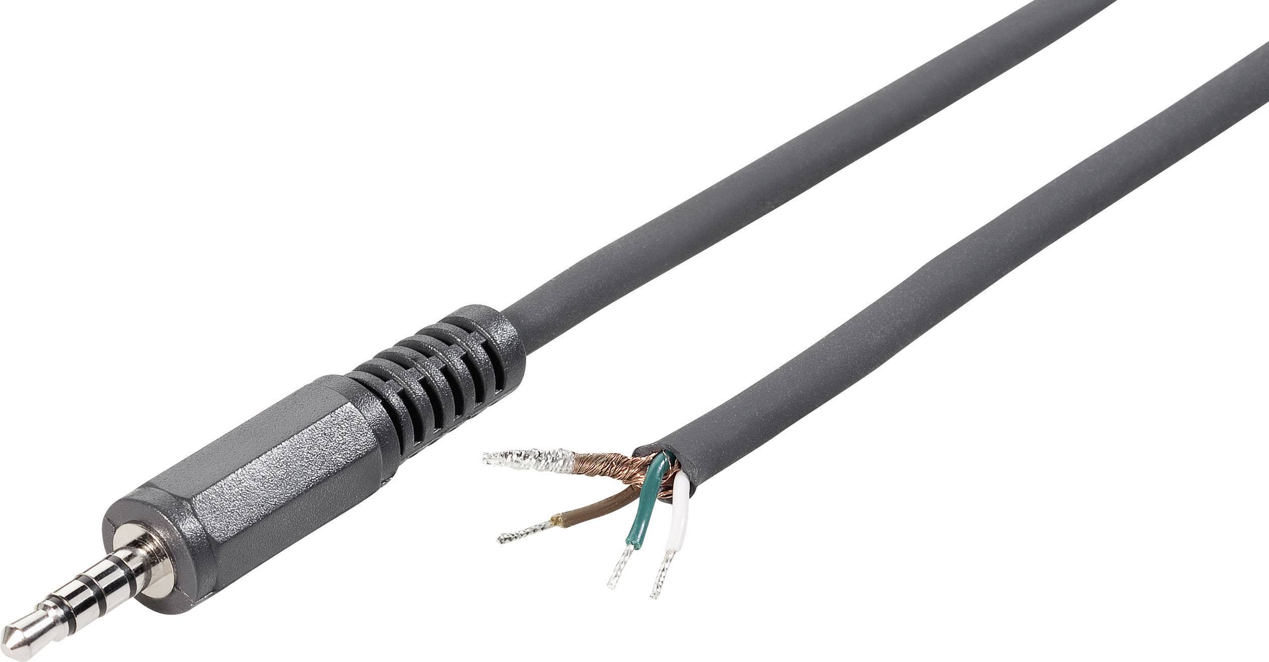 Et audiokabel med et 3,5 mm stik på venstre side og blottede, afisolerede kabelender på højre side.