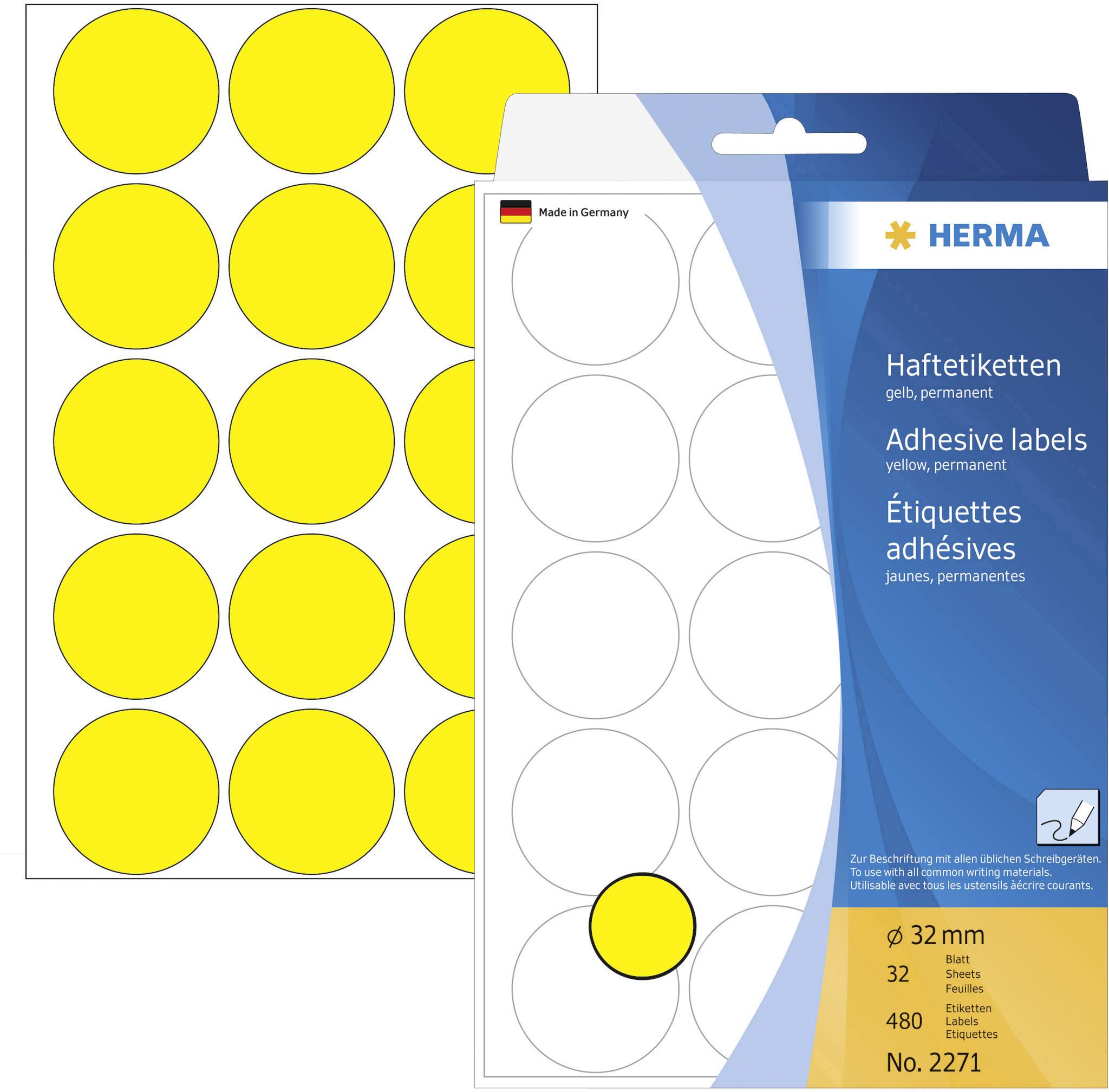 Pakning af gule, permanente selvklæbende etiketter fra mærket Herma. Indeholder 480 etiketter, diameter 32 mm, fremstillet i Tyskland.