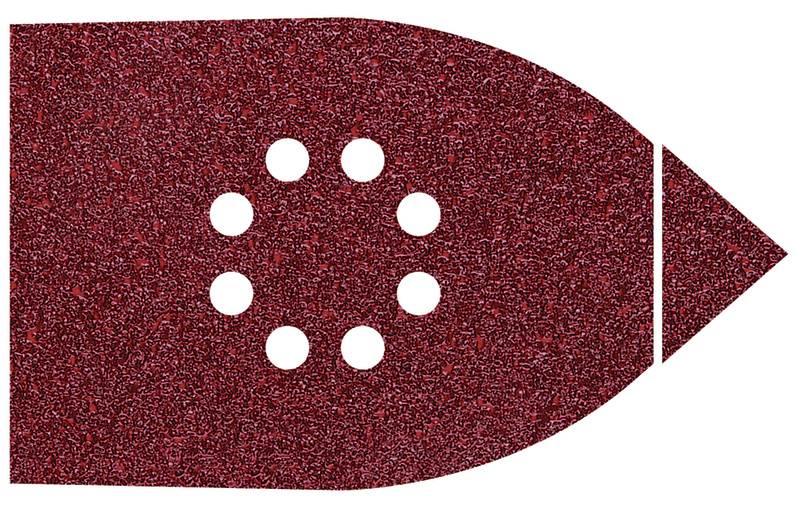 Rødt sandpapir i form af et strygejern med otte runde huller i midten, foran en hvid baggrund.
