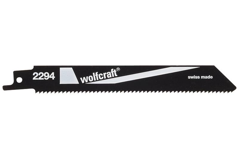 'Savklinge med påskrift "wolfcraft", Model 2294, schweizisk fremstillet, egnet til save, sort farve med takket kant.'