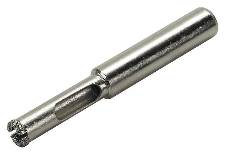 Sølvfarvet, cylindrisk, hul bor med diamantbelagt hoved og sideåbning; til boring i hårde materialer.