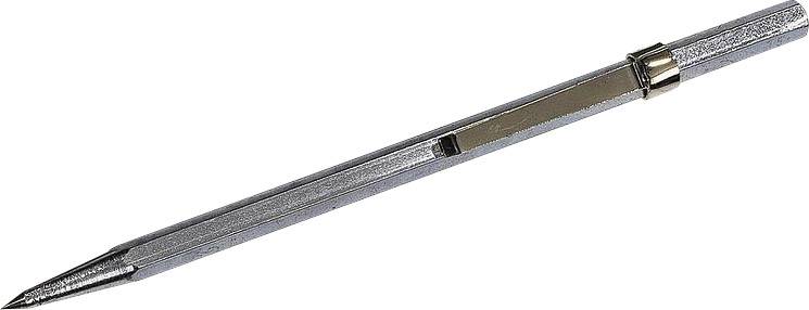 Sølvfarvet mekanisk blyant med sekskandet skaft og blank clips på siden.