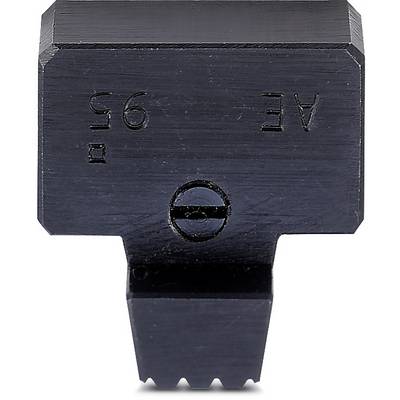 En sort metalmontering med rektangulær form og tandstruktur nederst, mærket 'AE 95' og en central skrue.