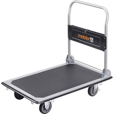 Transportvogn med metalramme og sort platform, fire hjul og et håndtag med 'meister' logo på bagsiden.