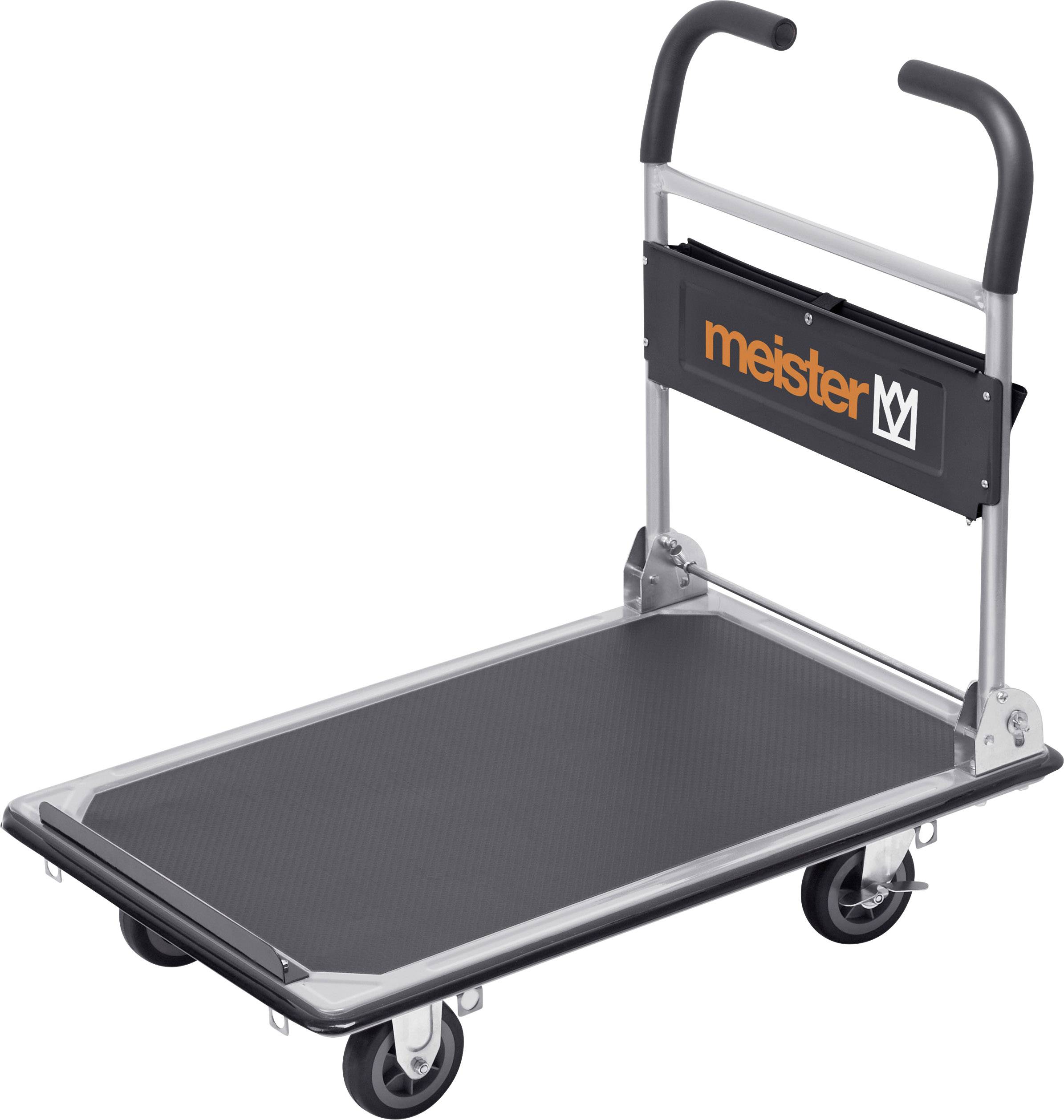 Transportvogn med metalramme og sort, skridsikker platform. Fire hjul og et håndtag, hvorpå der står 'meister'.