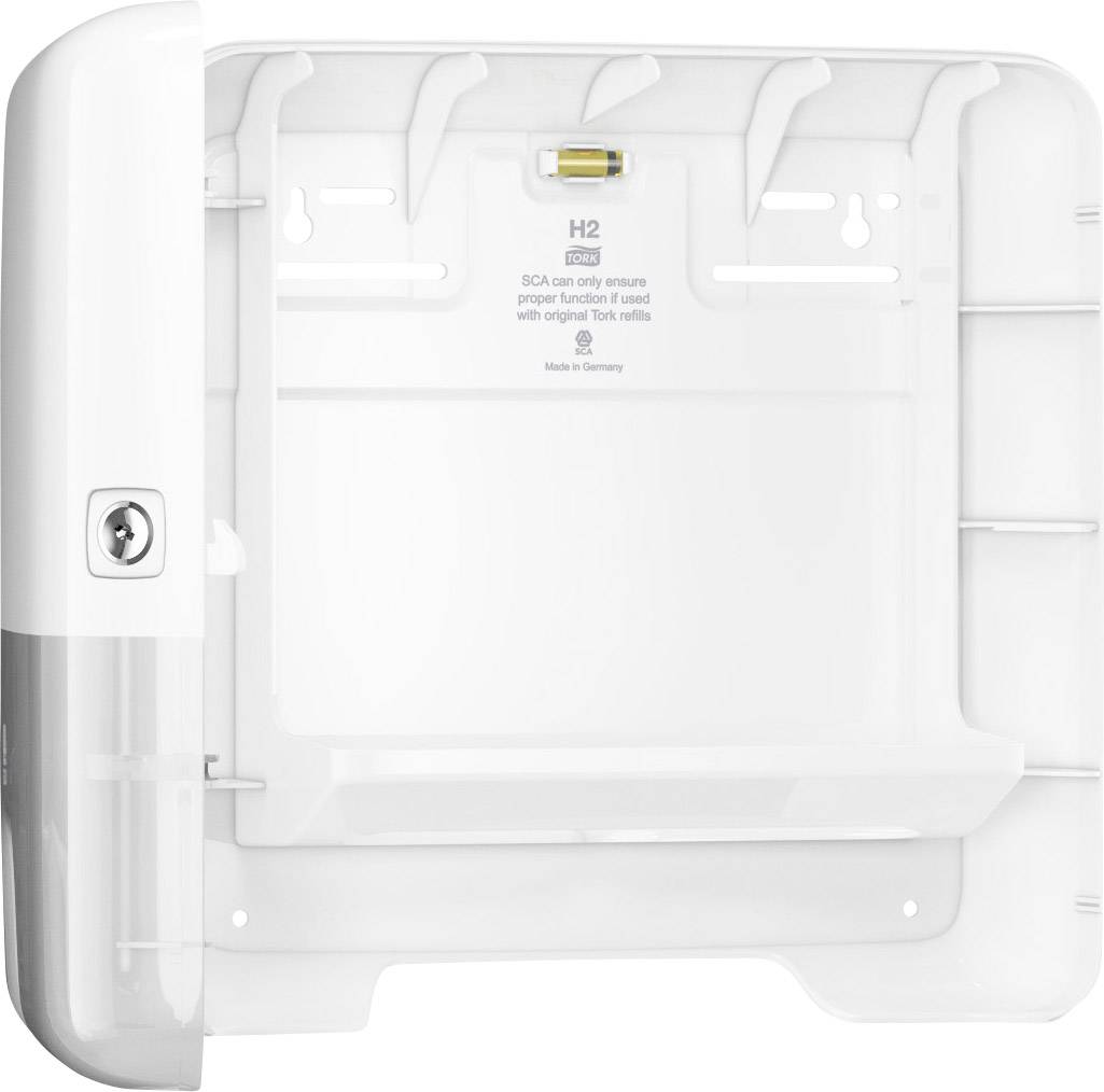 En åbnet, tom vægmonteret toiletpapirholder. Øverst står der 'H2'. Den er lavet af plast og monteres på væggen.