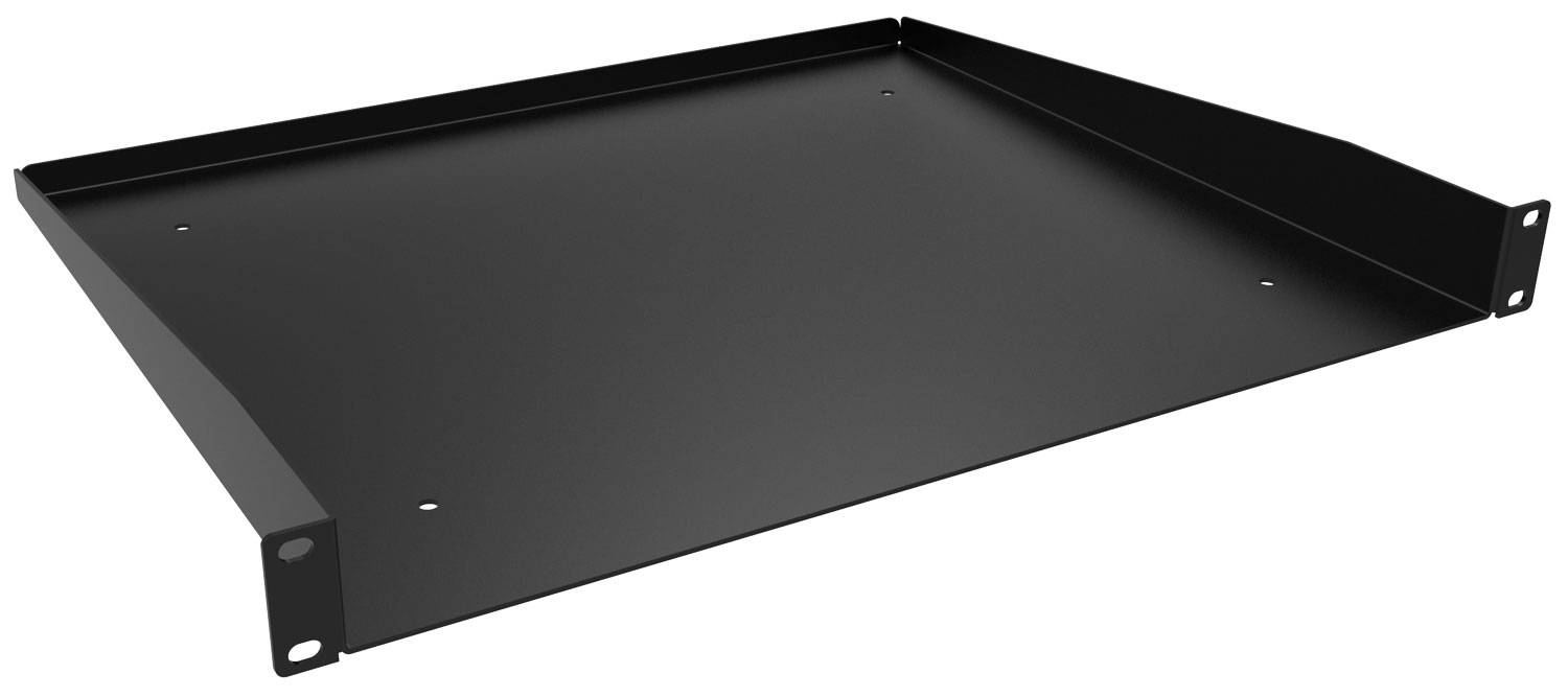 Et sort, fladt metalstativ med forhøjet kant, egnet til montering i et serverrack.