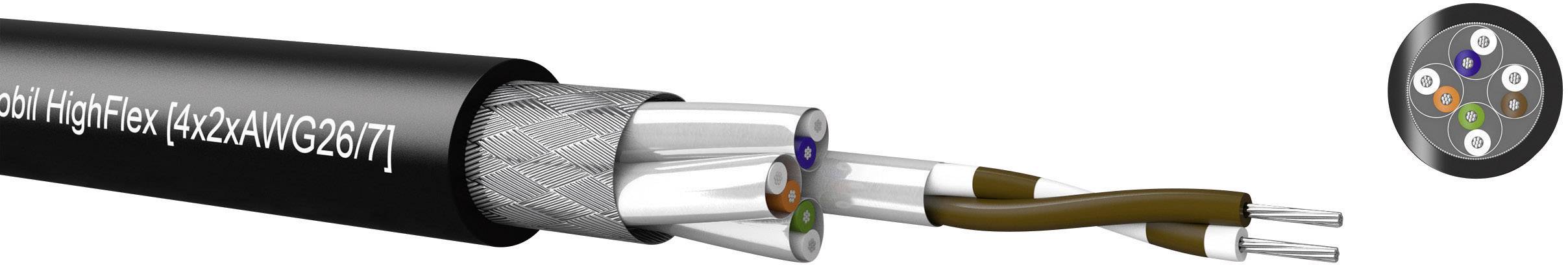 Et sort, fleksibelt kabel med flertrådede ledere, delvist afisoleret, viser de indvendige farvede ledningsstrenge i et industrielt kabel.