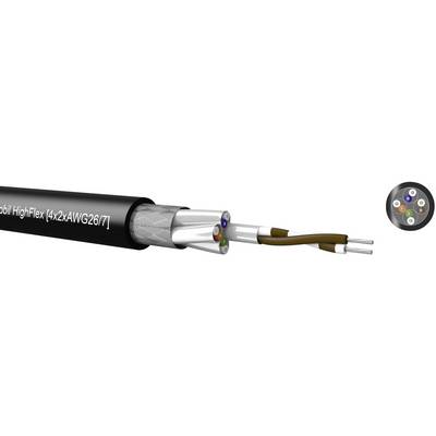 Et sort, fleksibelt kabel med flertrådede ledere, delvist afisoleret, viser de indvendige farvede ledningsstrenge i et industrielt kabel.