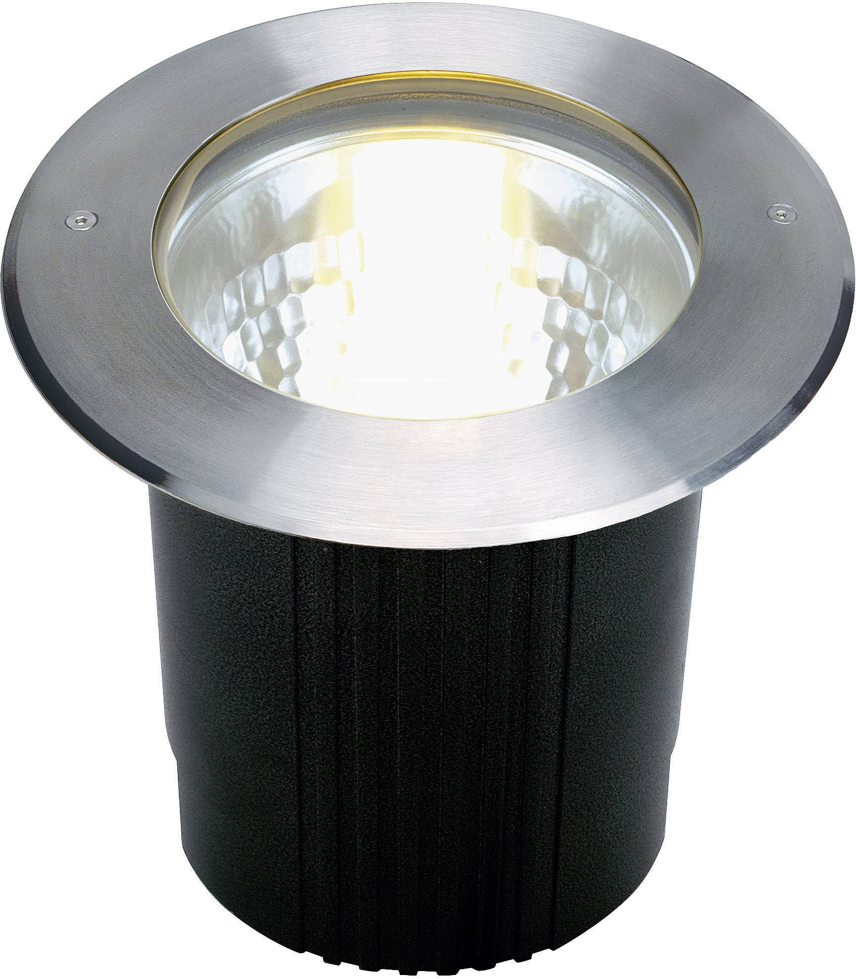 Jordlampe med blank ramme i rustfrit stål og glasarmaturer, velegnet til udendørs belysning og nedstøbte gulvinstallationer.