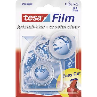 Emballage til tesa Film krystalklar, indeholder en rulle tape og en dispenser. 10 m, 15 mm bred.