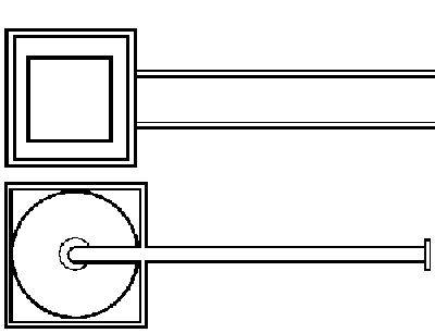 Diagram, der viser en mekanisk anordning bestående af et kvadratisk og et cirkulært element, som er forbundet ved en stang.