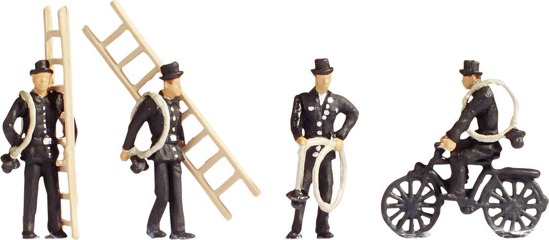 Fire miniaturer af skorstensfejersvende i traditionel påklædning: En bærer en stige, en anden cykler.