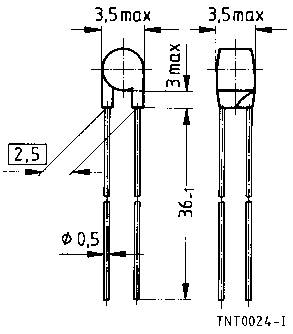 Teknisk tegning af en elektronisk komponent med dimensioner: 3,5 mm bredde, 36,1 mm højde, 0,5 mm diameter på tilslutningstrådene.