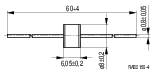 Teknisk tegning med mål: Bredde 60 ±0,4 mm og højde 9 ±0,2 mm. Markerede længder og tolerancer er vist.