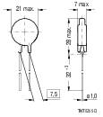Teknisk tegning af en rustfri stålkomponent med dimensioner: 21 maks, 7 maks, 7,5, 6,8-8,2, 58, Ø10. Viser mål og form.