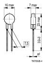 Illustration af en elektronisk komponent med mål: 16 mm diameter, 7 mm bredde, samlet højde 32,3 mm. Ben på undersiden.