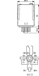 Elektrisk komponentdiagram, viser dimensioner på 36,4 mm bredde og 51 mm højde. Stikforbindelsesoversigt er angivet.