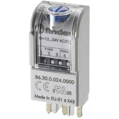 Elektronisk tidsrelæ med blå indstillingsskrue, skaleret fra 1 til 4. Sølvfarvet kabinet med 'Made in EU' påtryk.