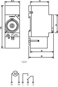 Teknisk tegning af en elektrisk komponent med dimensioner: Bredde 44 mm, Højde 90 mm. Nedenunder elektrisk kredsløbsdiagram for tilslutninger.