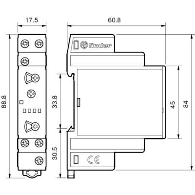 Et diagram viser målene for en elektrisk enhed i millimeter: Højde 88,8, bredde 17,5, dybde 60,8. Producent 'Finder'.