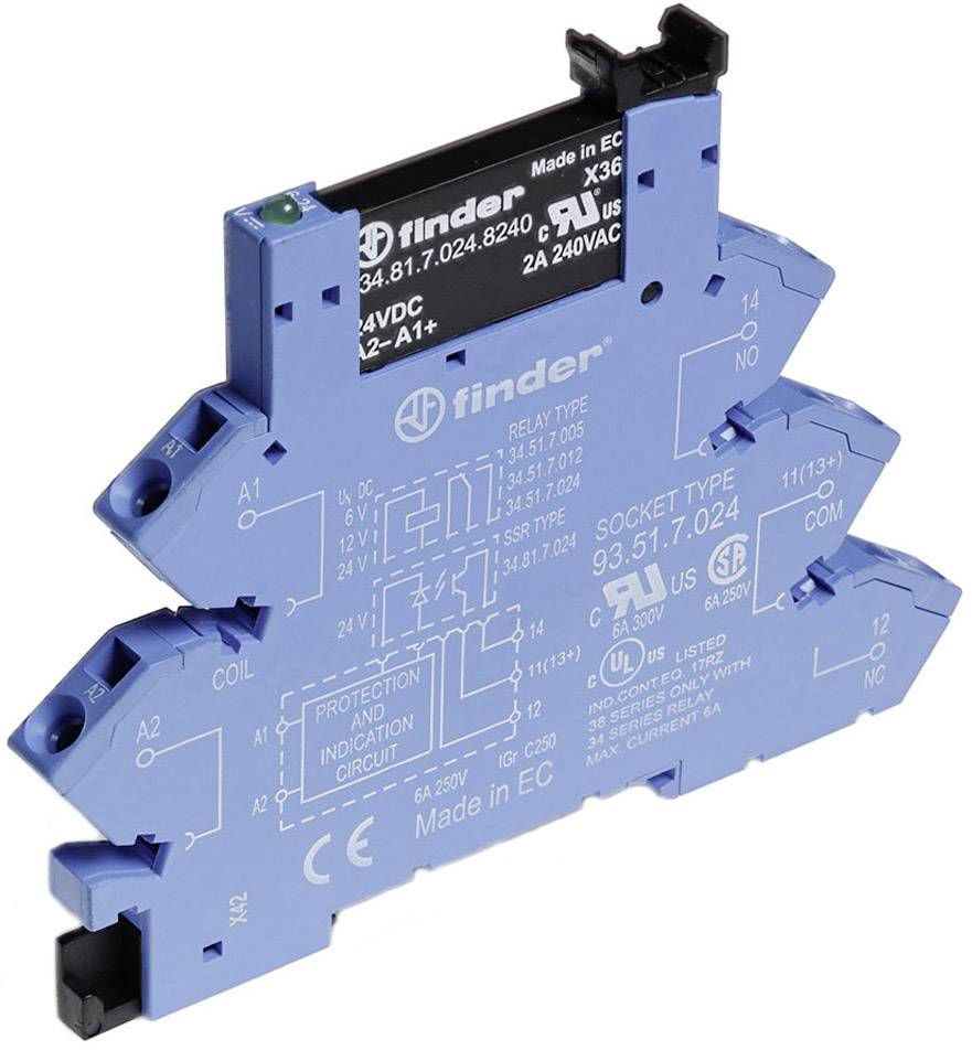 Blåt Finder-relæ, type 93.51.7.024, med tekniske markeringer og specifikationer, egnet til elektrisk sokkelmontering.