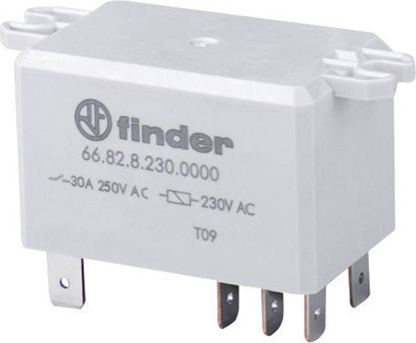 Elektrisk relæ fra Finder, model 66.82.8.230.0000, med 30A 250V AC og 230V AC specifikationer, hvid plastkappe.