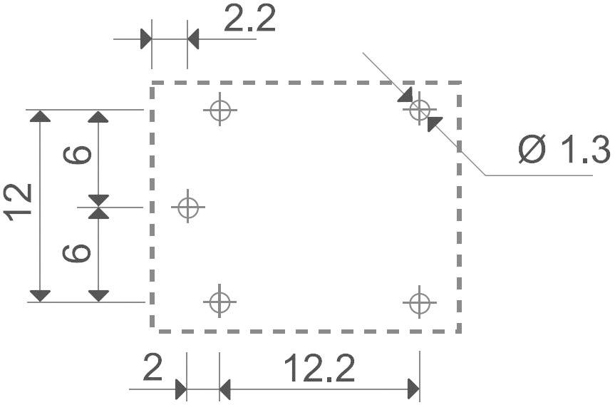 Teknisk tegning af et firkantet hulmønster med dimensioner: 12,2 mm bredde, 12 mm højde, huller Ø 1,3 mm.