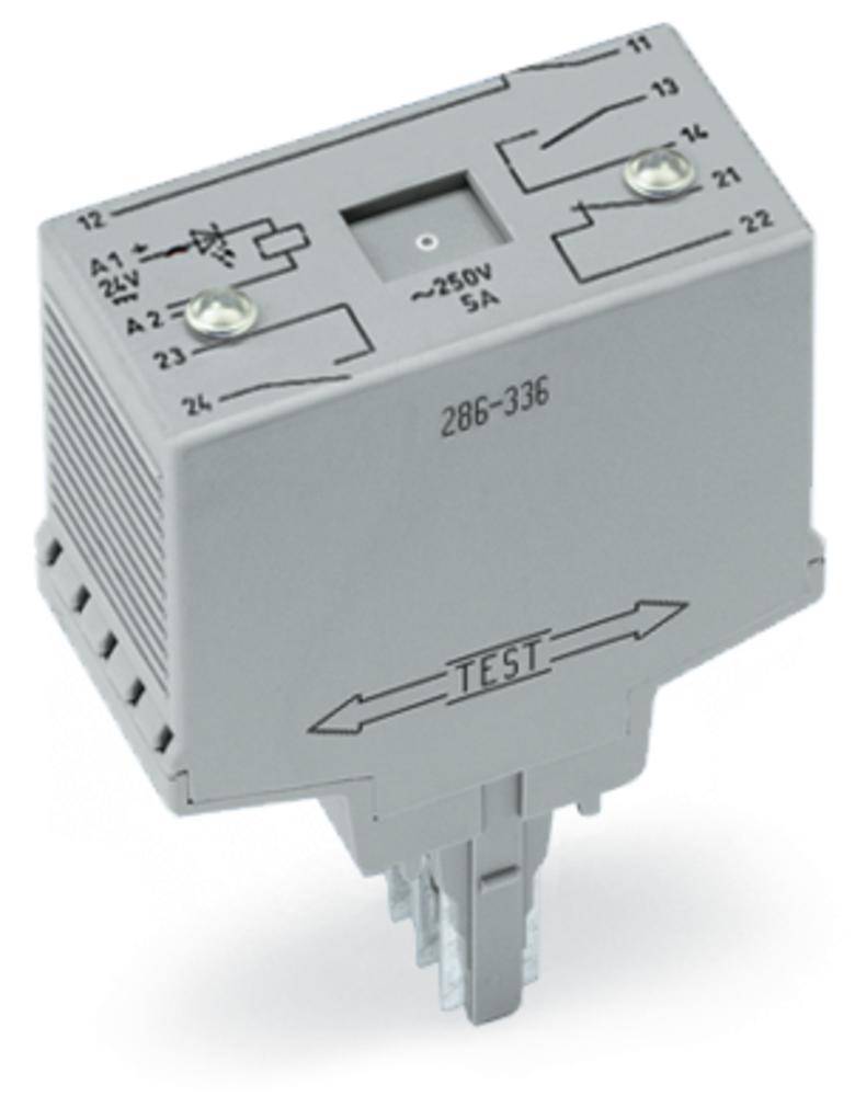 Grå elektronisk relæenhed med printdiagrammer og tilslutningspunkter på oversiden. Mærkning viser 250V, 5A.