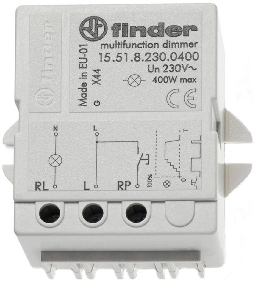 'Finder Multifunktionsdimmer 15.51.8.230.0400, maks. 400W, 230V, EU01' på en grå elektrisk enhed med ledningsdiagrammer og tilslutninger.