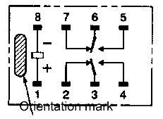 Diagrammet viser konfigurationen af ben på en integreret kredsløb med otte tilslutninger, nummereret fra 1 til 8.