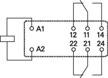 Et diagram viser en elektrisk komponent med nummererede tilslutninger (A1, A2, 11, 12, 14, 21, 22, 24) og forbindelseslinjer.