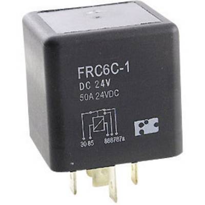 Sort elektromagnetisk relæ med påskriften 'FRC6C-1 DC 24V 50A 24VDC'. Egnet til jævnstrømsapplikationer.