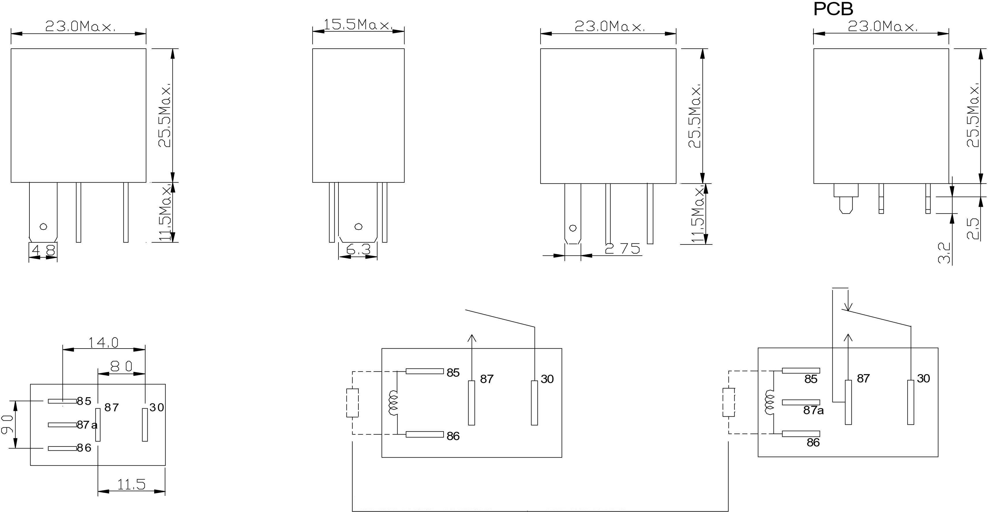 Teknisk tegning af en elektronisk komponent med dimensioner og pin-betegnelser, inklusive PCB-stikdetaljer.
