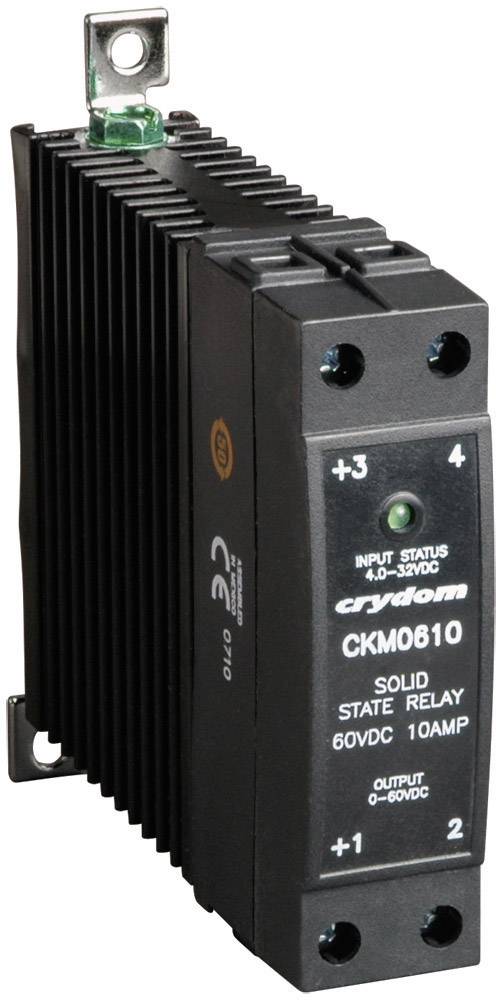Et Solid-State-relæ med påskriften 'Crydom CKM0610', indgangsspænding på 3-32VDC, udgang 60VDC, 10 Ampere, sorte køleribber.