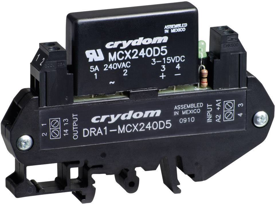 Et sort, rektangulært relæ med påskriften 'crydom MCX240D5' og 'DRA1-MCX240D5', viser ind- og udgangsanslutningerne.