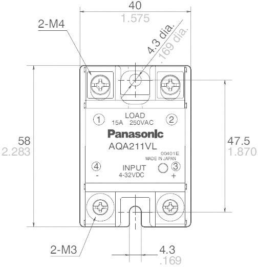 'Panasonic AQA211VL', relædiagram med dimensioner. Viser belastningskapacitet på 15A ved 250VAC og indgangsområde fra 4-32VDC.