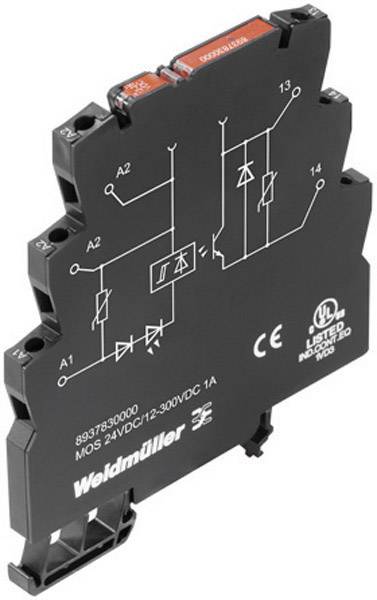 Sort Weidmüller relæmodul, modelnummer 8937930000, til 24V til 300V jævnstrøm, 1A, viser kredsløbssymboler øverst.