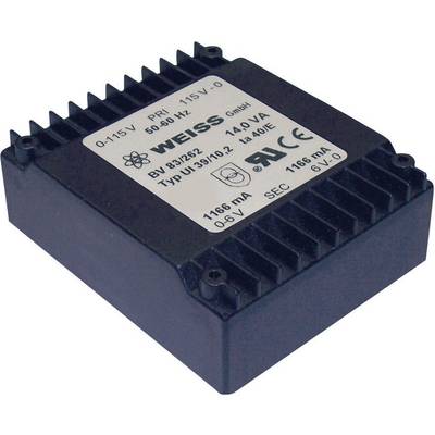 Sort transformator med angivelser: 'WEISS GmbH, 115 V, 50/60 Hz, 14,0 VA, CE-mærke'.
