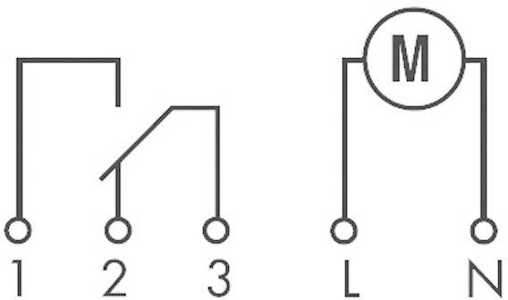 Principdiagrammet viser to kontakter: til venstre, kontakt 1 (lukket) og 2 (åben) forbundet til punkt 3; til højre, motor 'M' forbundet med L og N.
