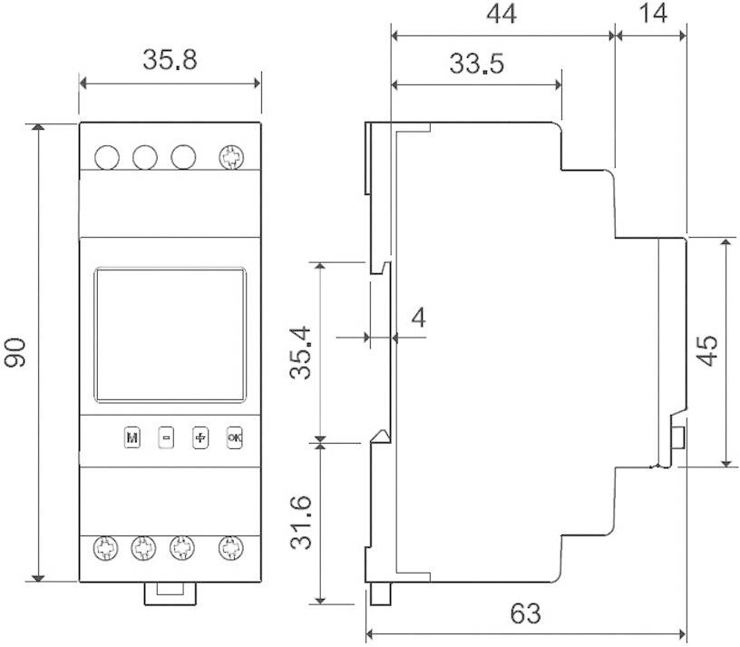 Teknisk tegning af en elektronisk enhed med dimensioner: Bredde 35,8 mm, dybde 63 mm, højde 90 mm. Front- og sidevisning.