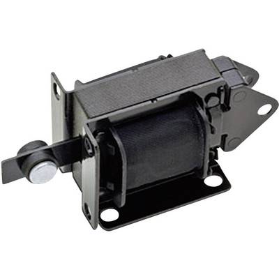 Sort elektromagnetisk spole med monteringsplade og lille rund metalstift på siden, egnet til mekaniske anvendelser.